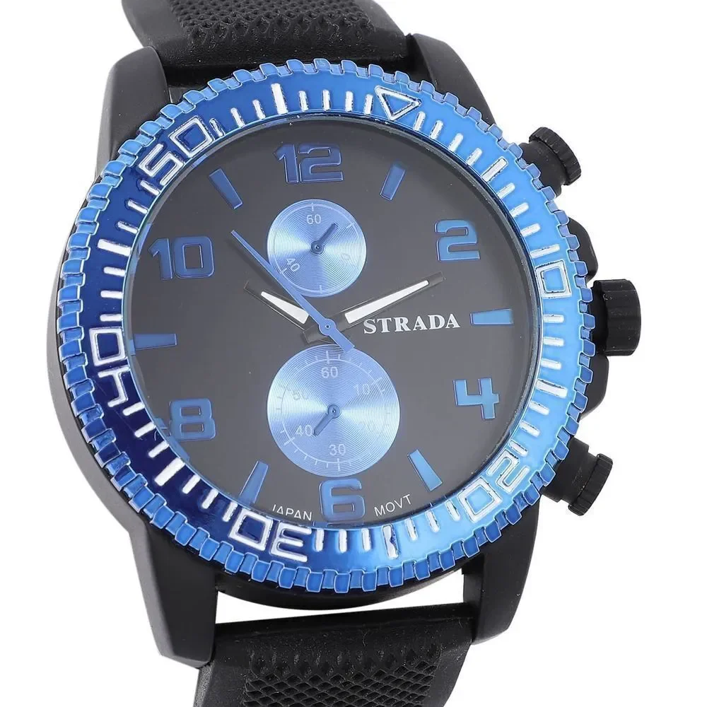 STRADA Watch with Black, Blue False Chronograph Dial and Black Silicone Strap